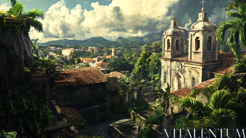 Colonial hilltop church overlooking lush tropical town.