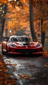 Track-tuned red supercar framed by defocused autumn canopy.