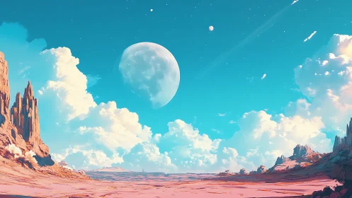 Soft alien desert opens under a bright moonlit sky