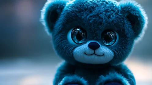Deep blue plush teddy bear with glossy reflective glass eyes