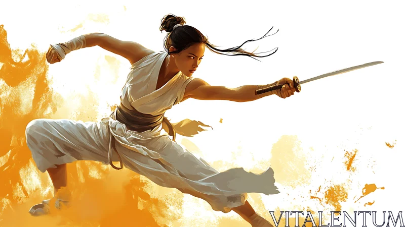 Sword dancer lunges through sunlit storm of golden dust.