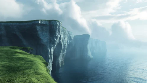 Massive Columnar Basalt Cliffs with Verdant Slope Meeting Tranquil Ocean.