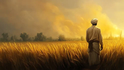Figure in turban standing in sunlit wheat field at dusk.