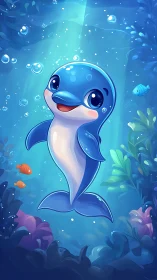 Playful baby dolphin floats happily in a glowing blue sea