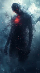 Shadow wraith with burning core emerges from stormed void.