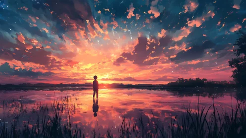 Solitary child beneath blazing watercolor sunset sky.