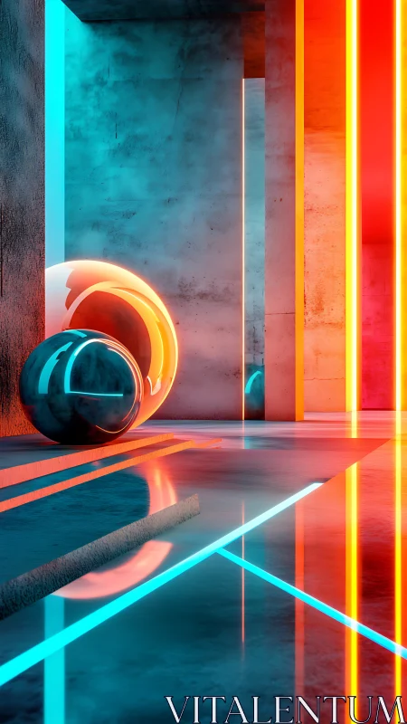 Neon lit corridor shows reflective sphere and glowing lines