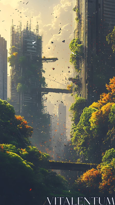 Sunlit skybridges where wild forests reclaim tall towers.