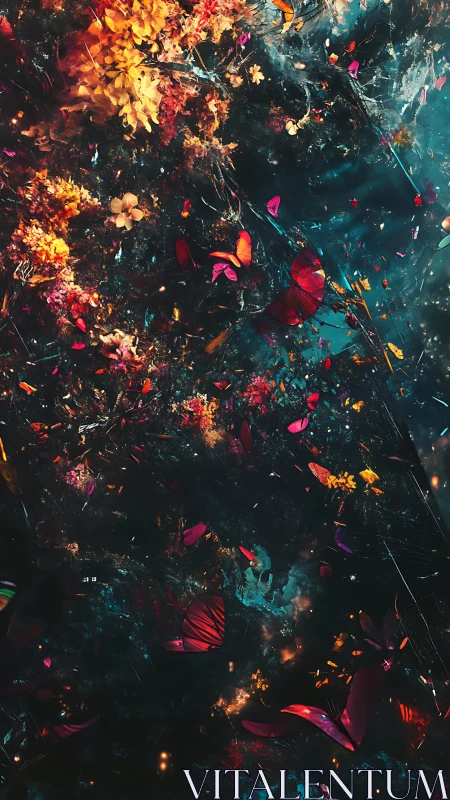 Nebula garden of ember-winged butterflies in flight.