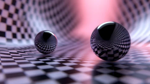 Reflective spheres glide across warped pink checker space