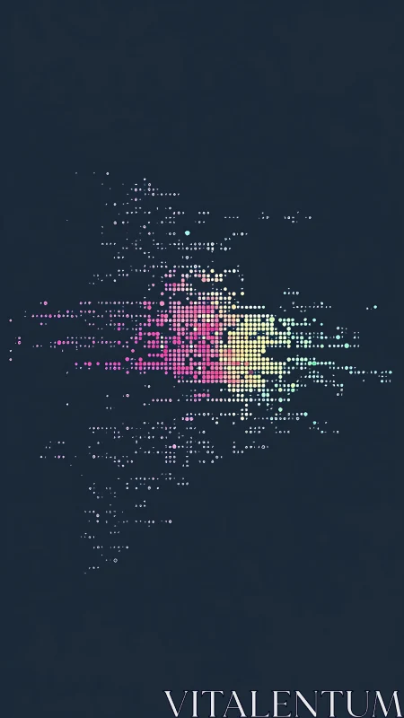 Neon pixel cloud over dark minimal background grid.