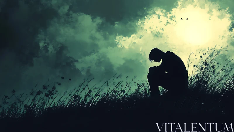 Silhouette of lone person on hillside under bright sky.