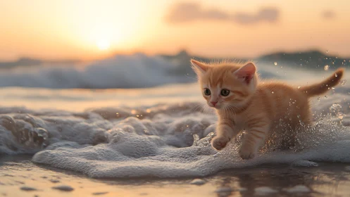 Golden Kitten Racing Through Sunrise Beach Waves