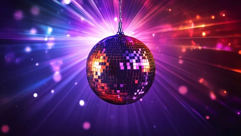 Disco mirror ball reflects neon light beams in dark space.