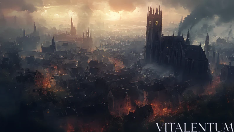 Burning gothic city under smoky sunset sky. Period.