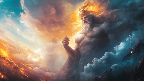 Storm-forged sky god rises between fire and soft clouds