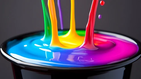 Colorful paint streams pour together in a joyful rainbow blend