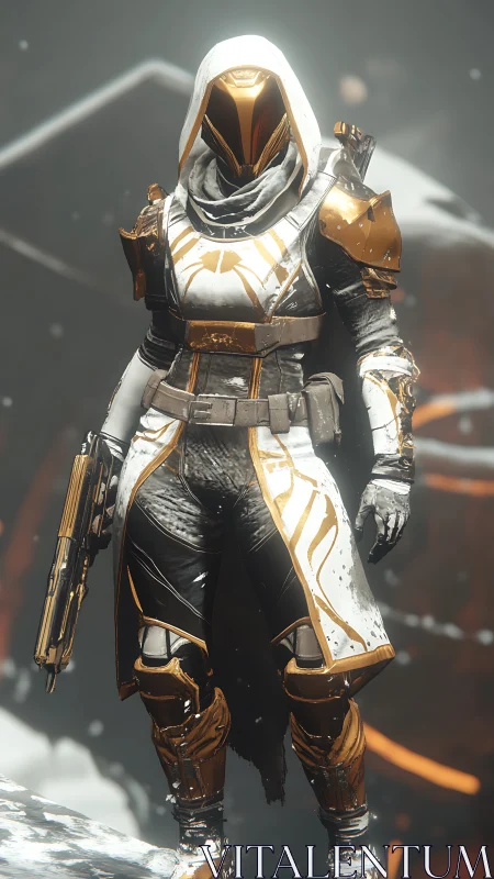 Armored sci‑fi sentinel in white and gold exosuit stands poised