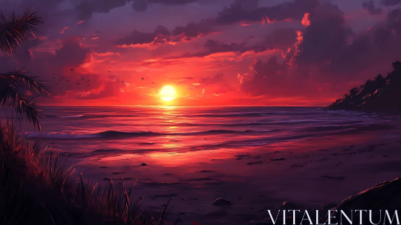 Coastal horizon with red-toned sunset over calm ocean waters.