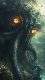 Colossal glowing-eyed sea monster looms from stormy depths.