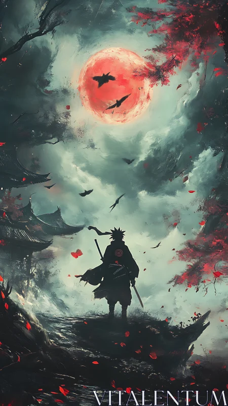 Solitary swordsman under red moon with crows in misty valley.