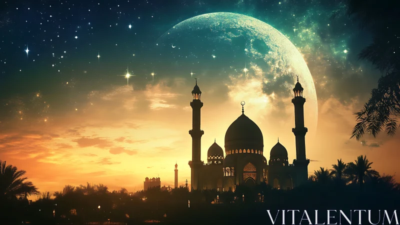 Moonlit mosque skyline glowing beneath starry evening sky.