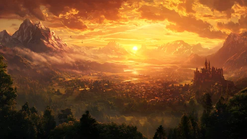 Sunlit kingdom unfurls beneath ember-soaked mountain skies