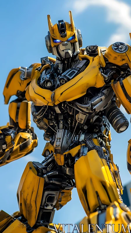 Bold yellow robot hero lit by clear afternoon sky.
