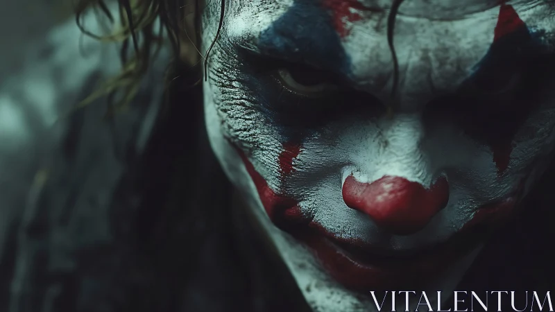 Sinister clown portrait rendered in dark cinematic close-up