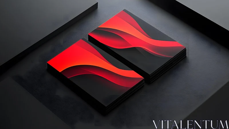 Modern business cards with abstract red wave design on dark background.
