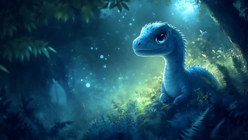 Blue cartoon dinosaur sits in glowing forest clearing at night