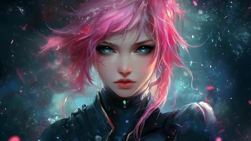Pink haired female cyborg portrait in cosmic setting.