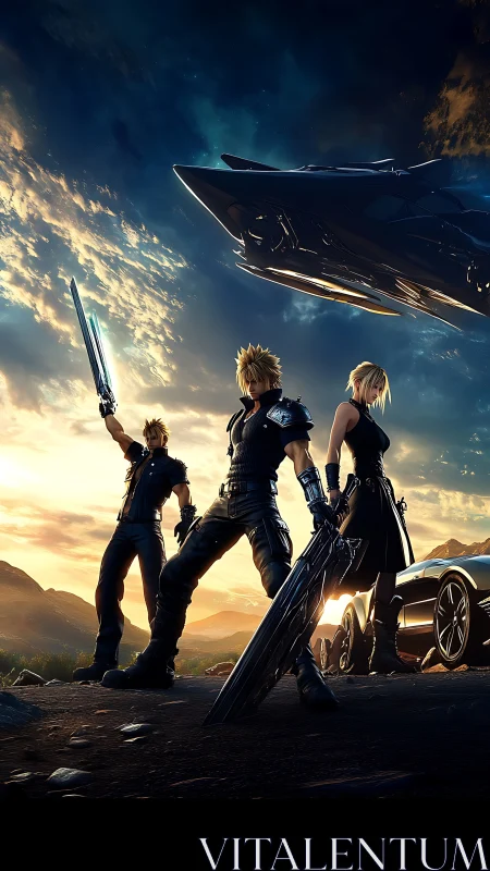 Armored heroes stand united beneath a storm-lit sky