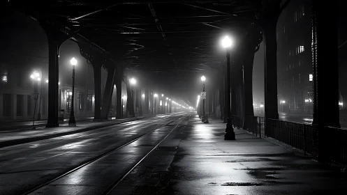 Quiet city bridge glows softly under misty midnight streetlights