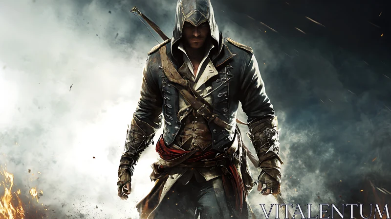 Hooded rogue in layered leather armor advances through burning smoke