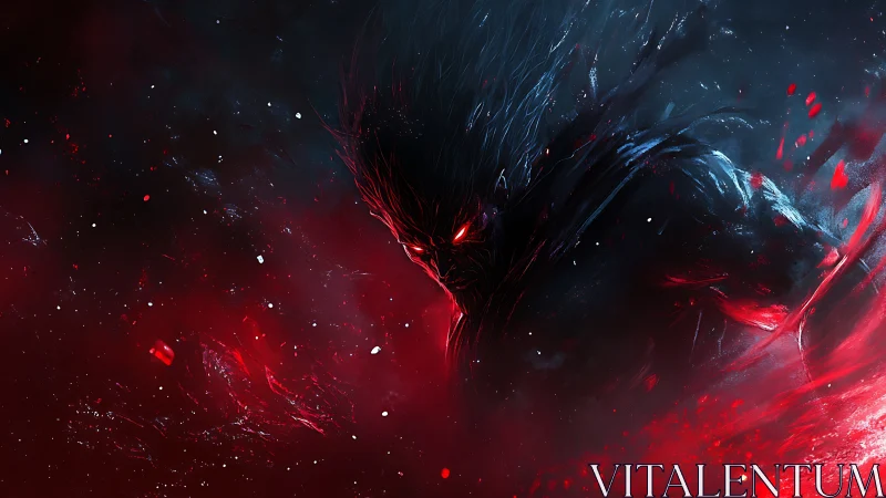 Dark shadow warrior emerges through red cosmic storm