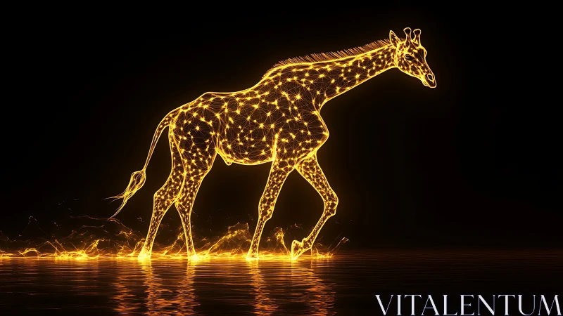 Luminous digital giraffe silhouette walks across liquid light