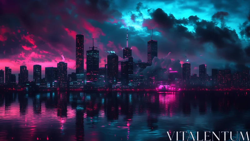 Neon lit futuristic city skyline reflected on water.