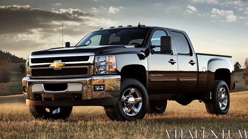 Heavy-duty crew cab pickup truck with chrome trim parked in field