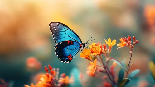 Blue butterfly rests on vivid orange wildflowers at sunrise