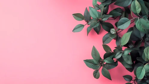 Minimalist rubber plant foliage on soft pink backdrop.