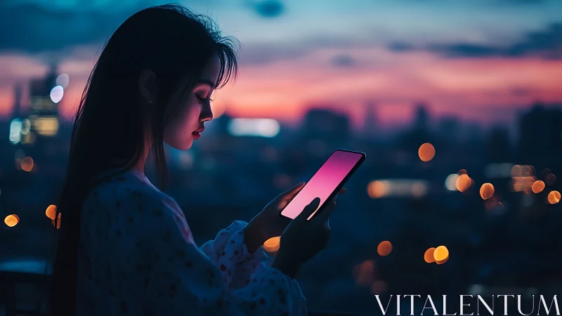 Photorealistic dusk portrait with smartphone city bokeh silhouettes.