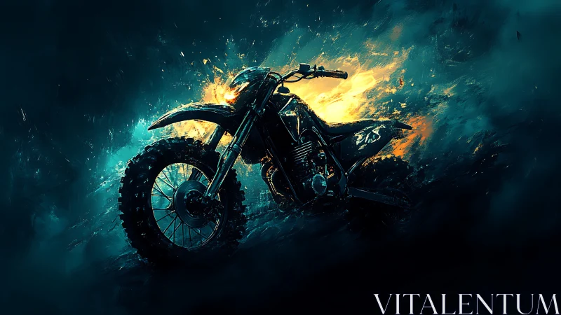 Off-road motorcycle erupts through neon fire and stormy smoke