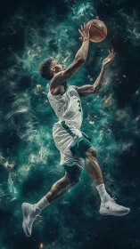 Basketball player in midair layup against nebula backdrop.