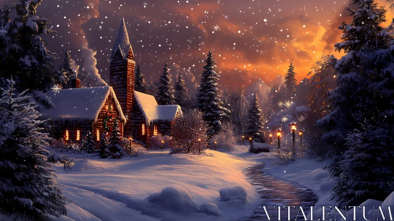 Snowy log cabin at sunset with glowing warm windows.