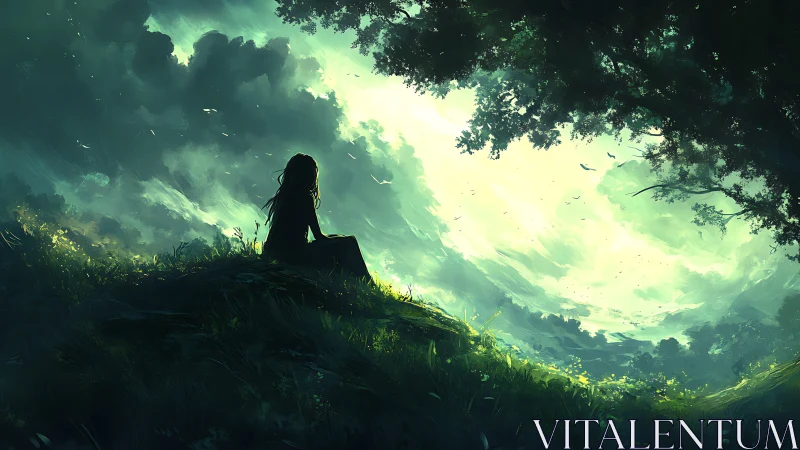 Silhouetted figure on hill under dense sky and foliage.