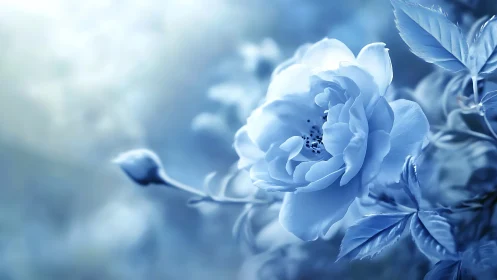 Blue peony flower in soft focus with layered petals.