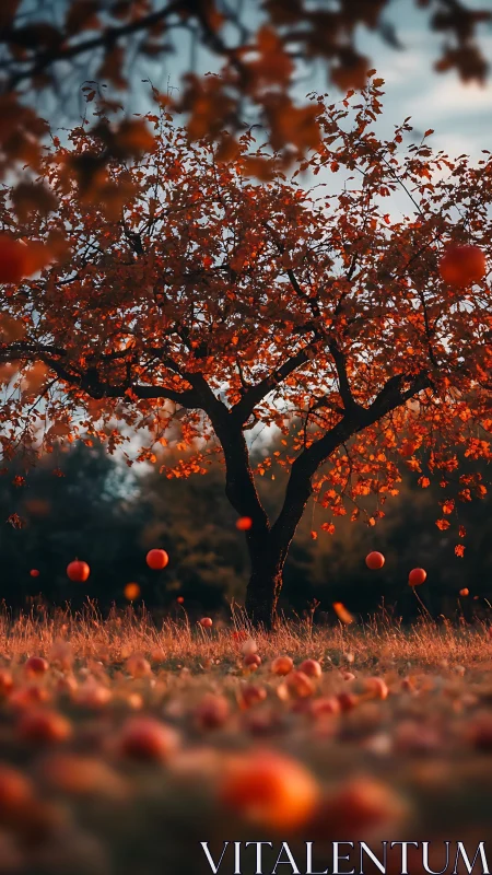 Autumn apple tree stands over orchard floor covered in fruit