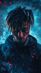 Moody neon portrait of contemplative man in blue haze.