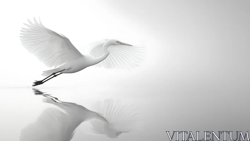 White heron in flight skims mirror-still water in serene mist.